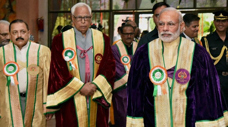 Jammu: Prime Minister Narendra Modi at the 5th Convocation of Shri Mata Vaishno Devi University at Katra in Jammu and Kashmir on Tuesday. Governor of Jammu and Kashmir N N Vohra, MoS for Development of North Eastern Region (I/C), Prime Ministers Office, Personnel, Public Grievances & Pensions, Department of Atomic Energy, Department of Space, Jitendra Singh and the Deputy Chief Minister of Jammu and Kashmir, Nirmal Kumar Singh are also seen. PTI Photo(PTI4_19_2016_000032B)