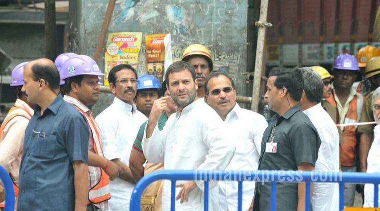 Congress VP Rahul Gandhi at the site of flyover collapse in Kolkata on April 2, 2016. (Express Photo)