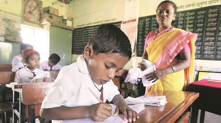 Students at about 150 Zilla Parishad schools in Junnar taluka of Pune, where 100 per cent attendance was found during the three day audit carried out by the state government. Express  Photo by Sandeep Daundkar