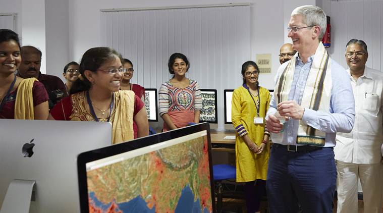 Apple CEO Tim Cook at GNITS during his India visit. Tim Cook announced new Maps development centre in Hyderabad