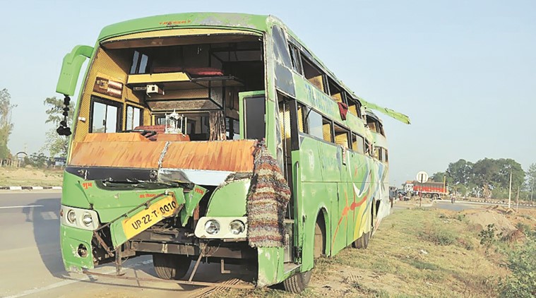 Tourist bus damaged after overturned in Zirakpur on Tuesday, May 17 2016. Photo by Harjeet Singh