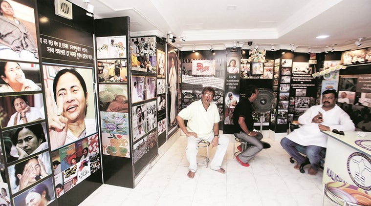 About 100 meters away from Mamata Banerjee residence - one of Didi's brothers has set up a unique gallery, capturing Mamata Banerjee's entire political journey - from an Opposition leader to her days in Nandigram, Singur and through various struggles and movements to the throne of Bengal and finally this election inwhich is is expected to win a second term. Swapan Banerjee - popularly known as Babun Banerjee has many feathers in his cap as his visiting card says - He is the Join (sic) Secretary - Bengal Olypic Association , General Secretary of the Bengal Hockey Association, Ground Secretary of the Mohun Bagan Club, Chief Patron of the All India Trinamool Congress Sports Cell, General Secretary of the Bengal Amateur Boxing Association, General Secretary of the Bengal Body Building Association, President ( Working ) Sailen Manna Football Academy, President Kolkata Maidan Welfare Association, General Secretary of Kalighat Sports Lover's Association. Asked about the poll outcome,Babun Banerjee said: "We are more than 100 percent sure of victory but Didi wants to keep things in a low key. This is a gallery I have set up to pay tributes to Didi." Express photo by : Subham Dutta. 18.05.16