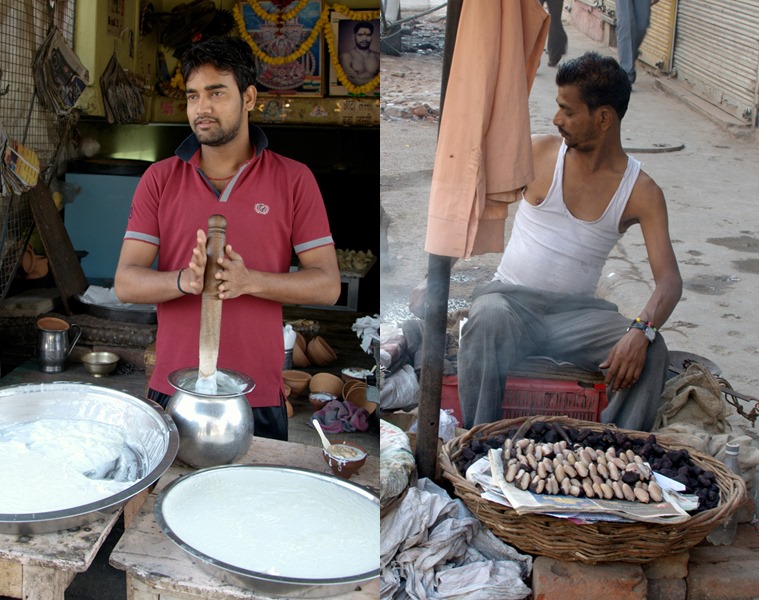 A lassi wala (L), Shakarkandi (fire-roasted sweet potatoes) is served in a leaf bowl called dona.