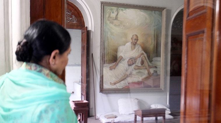 The canvas featuring Gandhi’s wife Kasturba nestled in his lap. (Express photo by Arul Horizon)