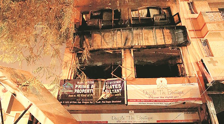 Five people died after fire broke out at the Indiamart sales office on the second floor of a building in Rajnagar area of Ghaziabad on Saturday. EXPRESS PHOTO BY PRAVEEN KHANNA 14 05 2016.