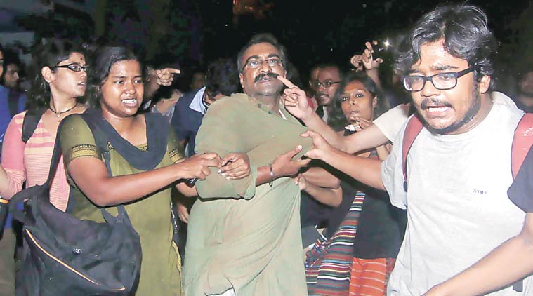 Students scuffle with ABVP supporters in JU. (Express Photo)