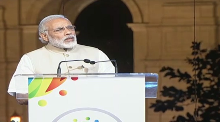 Modi at India Gate on Saturday night at the event to mark two years of his government. (Source; Youtube/DoordarshanNational)