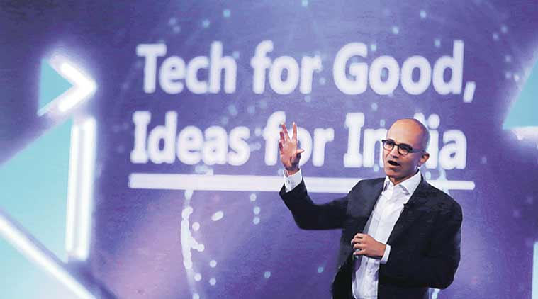 Microsoft, Satya Nadella, Ravi Shankar Prasad, Aadhaar fir digital ID, Satya Nadella India visit, Satya Nadella Delhi, Satya Nadella keynote, Microsoft CEO, Ravi Shankar Prasad, Windows, technology, technology news