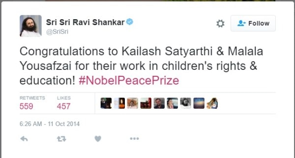 Is Sri Sri Ravi Shankar too cool for the Nobel prize? Twitter