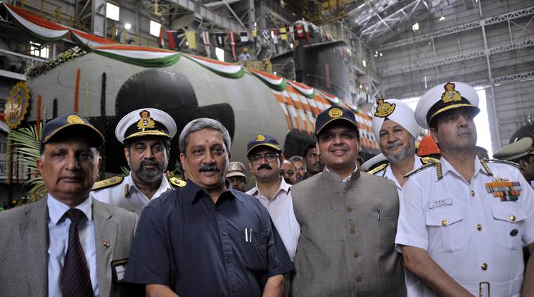 Union Defence Minister, Manohar Parrikar, Maharashtra Chief Minister, Devendra Fadnavis, Chief of Naval staff, Admiral RK Dhowan, Vice Admiral, Surinder Pal Singh Cheema and RK Shrawat, Chairman & Managing Director of Mazagon Dock Ltd. during the floating out of the first project 75 (Scorpene) Submarine on pontoon at Mazagon dock in Mumbai. Express Photo by Ganesh Shirsekar. 06.04.2015. Mumbai.