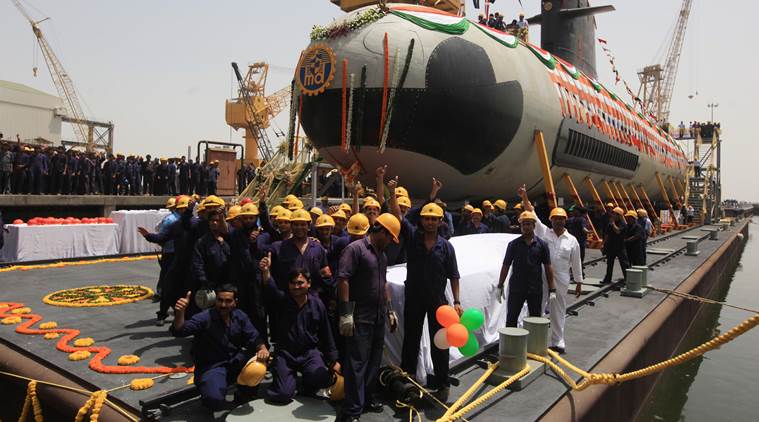 Indian Navy's first Scorpene submarine of project 75 is seen after being undocked from Mazagon Docks Ltd, a naval vessel ship building yard, in Mumbai. Express Photo by Ganesh Shirsekar. 06.04.2015. Mumbai.