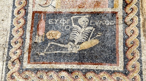 ancient mosaic, rare mosaic, skeleton mosaic, ancient Greek, be cheerful and live life,