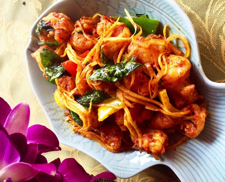 Amba Isso Temeradu, a Sri Lankan-style prawn stir fry with raw mango slivers at The Spice Route at The Imperial in New Delhi.