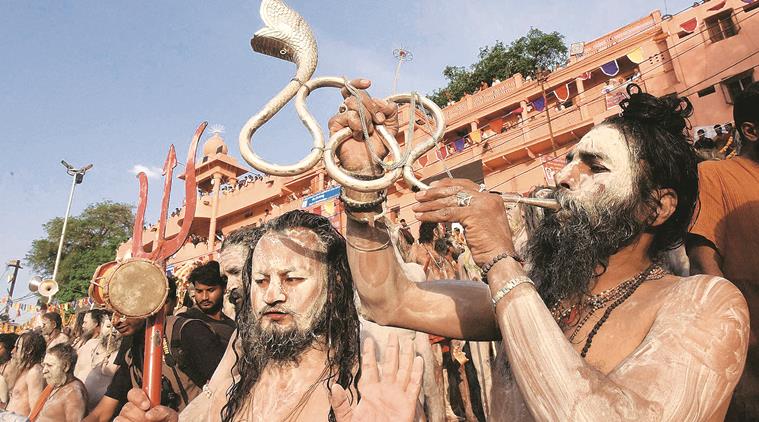Sadhus set to take a dip in Kshipra river during Simhastha Mahakumbh in Ujjain on Monday. PTI photo