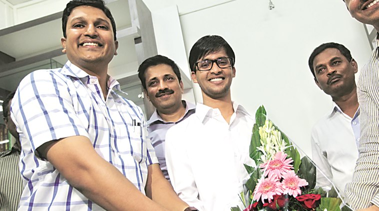 21-year-old Ansar Ahamad Shaikh, who cracked UPSC at his first attempt ranking 361 congratulated his tutor Rahul Tukaram Pandve who also cleared the UPSC with rank 200. Express photo By Sandeep Daundkar,Pune,10.05.2016