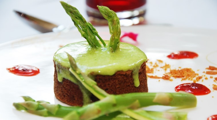 White Asparagus & Ricotta Tarte with Green Asparagus Foam at Ottimo at ITC Gardenia in Bengaluru.