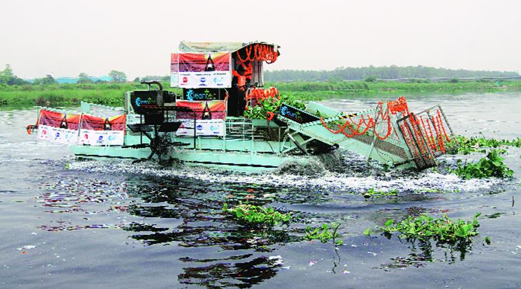 A trash skimmer, worth Rs 4.5 crore, deployed to clean the Yamuna. Prem Nath Pandey