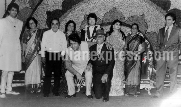 Kunal Goswami (extreme left), Shashi Goswmai, newly wed groom Rajiv Goswami with his bride, Manoj Kumar Amrish Puri at the wedding ceremony of Manoj's son Rajiv Goswami. Express archive photo