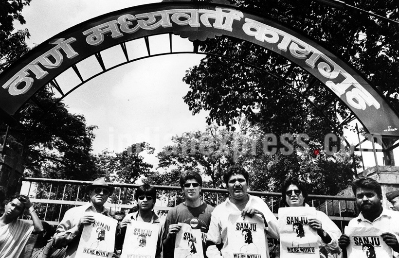 The cine artist association organised morcha to support film star Sanjay Dutt seen in the picture are Amrish Puri, Shahrukh Khan, Aditya Pancholi, Raza Murad. Express archive photo by Mahendra Parikh on 06.04.1999