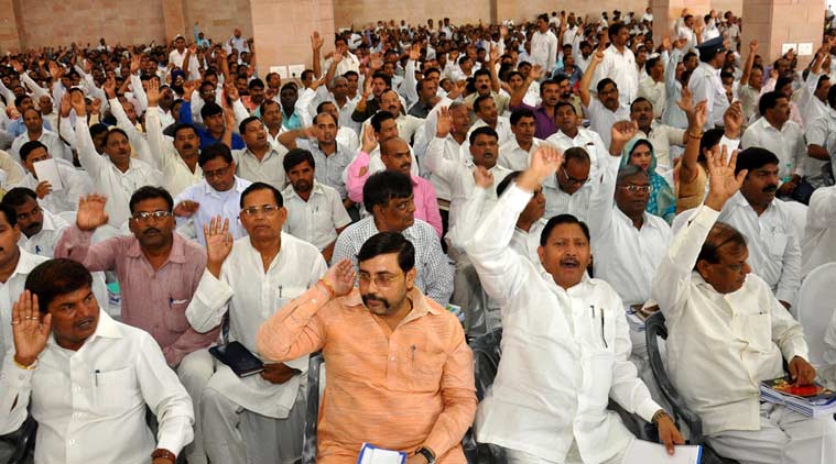 BSP leaders during a meeting at party office for upcoming assembly elections in Lucknow on Sunday. (Source: Express Photo by Pramod Adhikari)