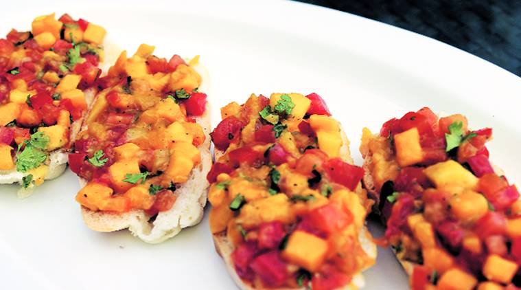 summer recipes, Dasheri Bruschetta, Vada Pav, Cafe Delhi Heights, Pizza Oinker, Chilled Melon and Cucumber Soup, dirty apron, delhi recipes