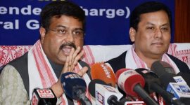Oil Minister and Assam CM address press Dharmendra Pradhan, Prafulla Kumar Mahanta, oil, Oil India, assam protest, assam oil, assam petroleum, petroleum, oil fields, ONGC, AASU, AJYCP, assam news, assam