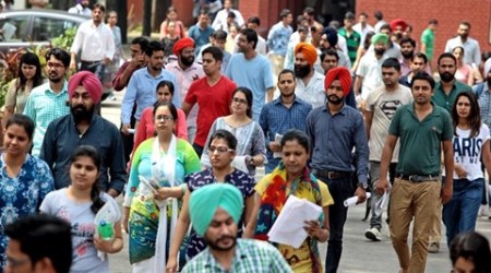 Aspirants comes out after appearing for UPSC Civil Services Examination at one of the centres in Sector 16 of Chandigarh on Sunday, August 23 2015. Express photo by Sumit Malhotra