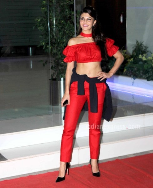 Jacqueline Fernandez goes street style chic in Rs.65K Prada Denim Bralette  and red trousers 65 : Bollywood News - Bollywood Hungama