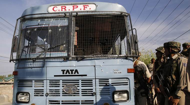 CRPF vehicle was attacked by suspected militants in Pampore, south of Srinagar on 25 June, 2016. According to local news reports, at least five paramilitary CRPF men and two militants were killed and over a dozen CRPF men injured in the shootout in Pampore town Express Photo by Shuaib Masoodi