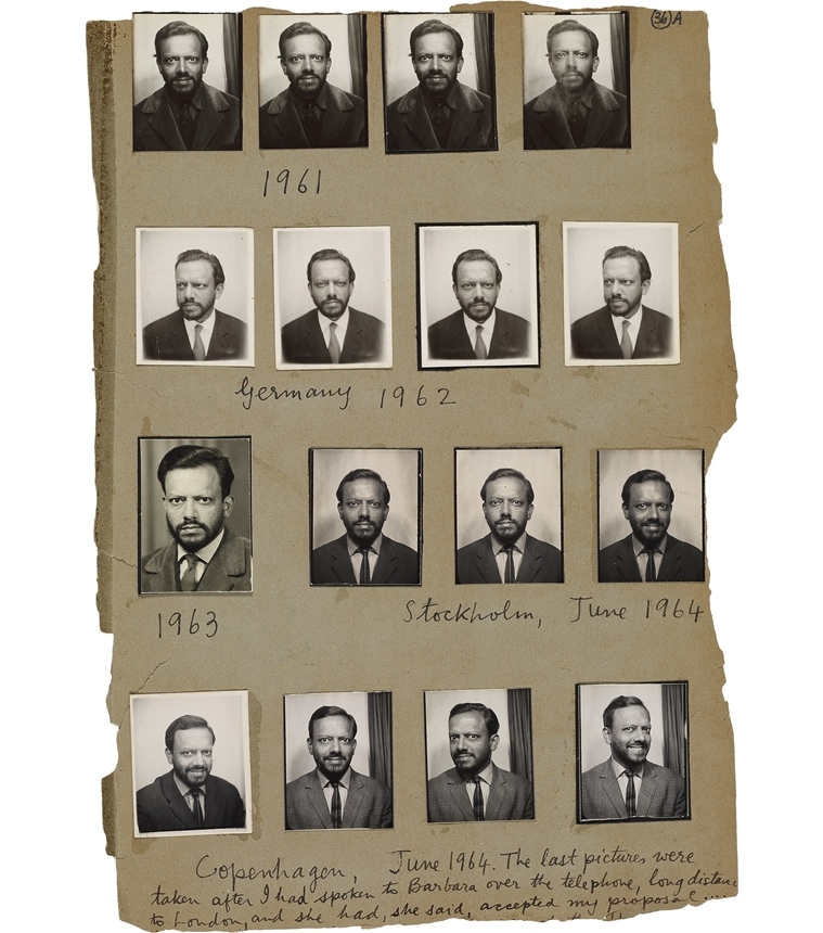 Passport size photographs of Souza pasted in his scrapbook in the 1960s.