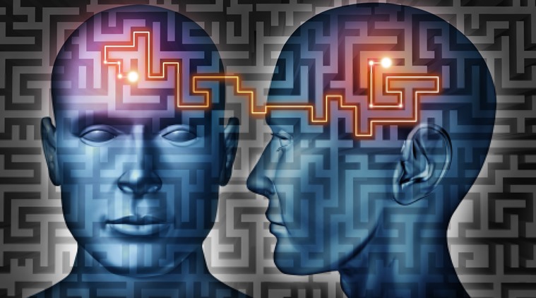 Communication solutions and mind control with a group of communicating human heads on a labyrinth or maze pattern with a laser light connecticn the thinking network of two brains.