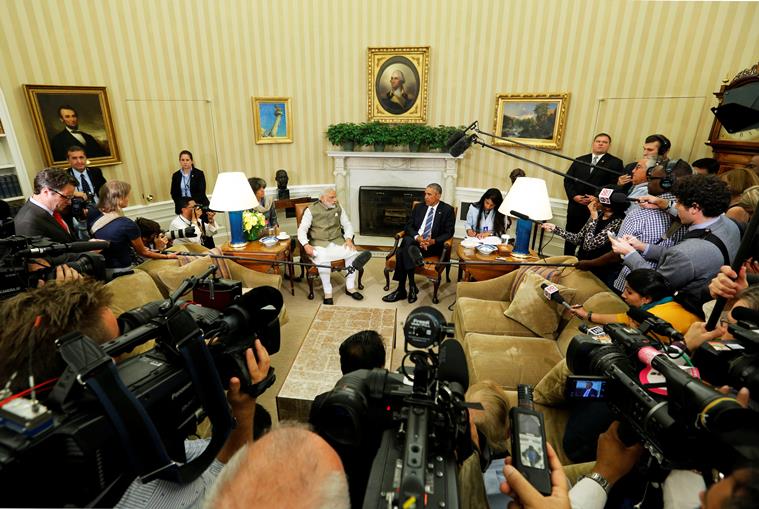 India's Prime Minister Narendra Modi (center L) and U.S. President Barack Obama (center R) make remarks to reporters after their meeting in the Oval Office at the White House in Washington, U.S. June 7, 2016. REUTERS/Jonathan Ernst