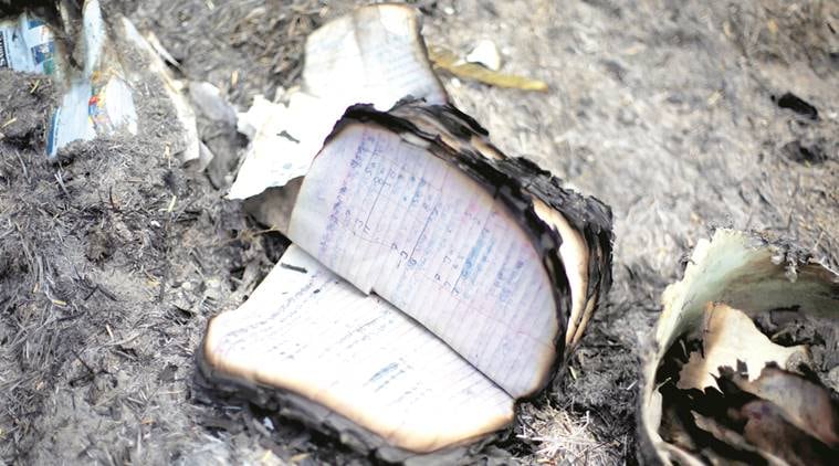 A burnt notebook on the Jawahar Bagh premises in Mathura on Sunday. Express photo by Oinam Anand