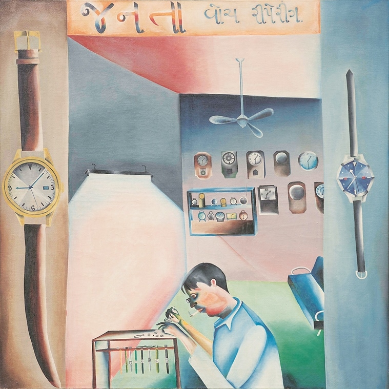 Janata Watch Repairing, 1972 (Source: Victoria and Albert Museum/© The Estate of Bhupen Khakhar)