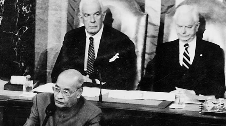 Rao addresses the joint sitting of Congress. House Speaker Tom Foley is at the back left. (Express Archive)