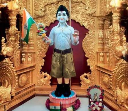 RSS, Swaminarayan temple, Gujarat, BJP, RSS uniform, RSS temple, RSS temple uniform, RSS god, Swaminarayan idol RSS, Gujarat temple, Gujarat RSS temple, India news, latest news