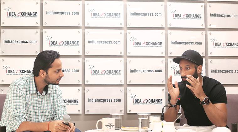Sardar Singh (right) with Principal Correspondent Mihir Vasavda at The Indian Express office. (Express Photo by Amit Mehra)