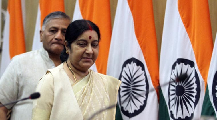 External Affairs Minister Sushma Swaraj and General VK Singh in New Delhi on Sunday. (Source: Express photo by Prem Nath Pandey)