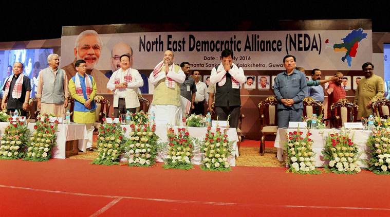 Guwahati: Bharatiya Janata Party (BJP) president Amit Shah with other leaders at North East Democratic Alliance (NEDA) conclave at Srimanta Sankardev Kalakshetra in Guwahati on Wednesday. PTI Photo (PTI7_13_2016_000218B)