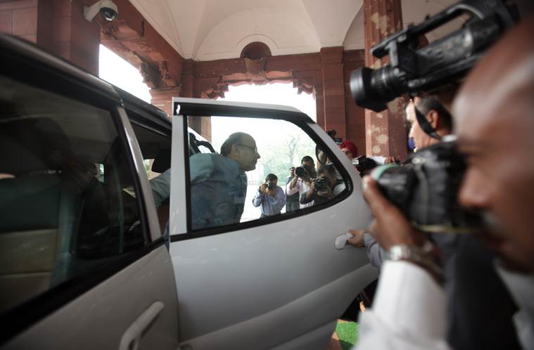 Union Finance Minister Arun Jaitley arruves at the Parliament to present the Union Budget on Monday. Express photo by Neeraj Priyadarshi. 29 February 2016