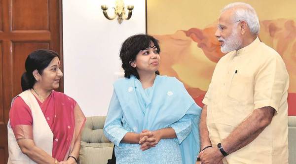 Prime Minister Narenda Modi and External Affairs Minister Sushma Swaraj meet Judith D'Souza, an Indian charity worker kidnapped in Kabul. (Source: PTI Photo)