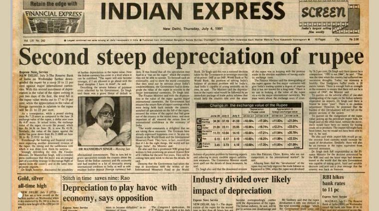 The front page of the Indian Express on July 4, 1991 