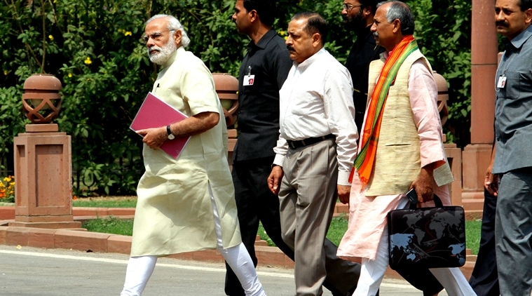 Prime minister Narendra modi with other ministers after the BJP Parliamentary board meeting at the parliament in New Delhi on Tuesday. Express Photo by Prem Nath Pandey. 10.05.2016. *** Local Caption *** Prime minister Narendra modi with other ministers after the BJP Parliamentary board meeting at the parliament in New Delhi on Tuesday.