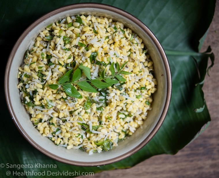 Mung Dal Kosambari from Karnataka is made with raw split mung or split chickpeas.