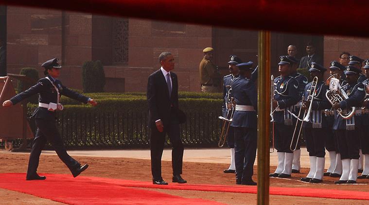 Wing Commander Pooja Thakur (Left) of the Inter Service Guard of Honour part takes during the Presidential reception for the US President Barack Obama at the Rashtrapati Bhavan in New Delhi on sunday. Express Photo by Neeraj Priyadarshi New Delhi 250115