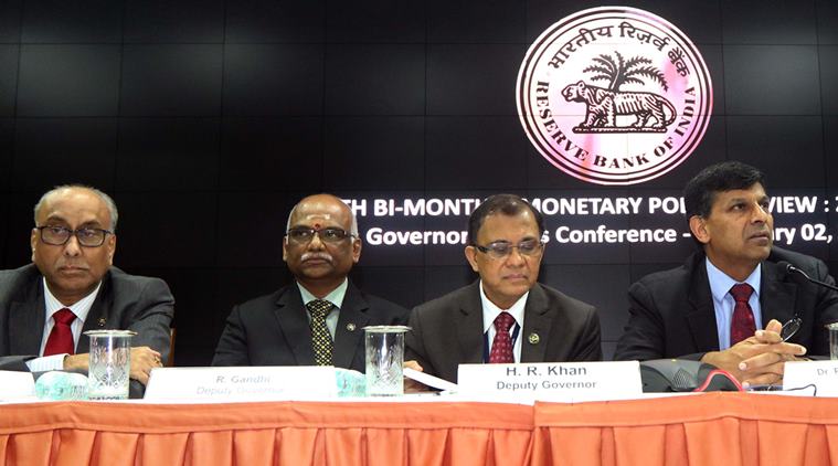 L to R - Deputy Governors RBI, SS Mundra, R Gandhi, HR Khan, RBI Governor Raghuram Rajan,Urjit Pate during a conference Sixth Bi-Monthly Monetary Policy Review 2015/2016. Express Photo By Ganesh Shirsekar 02/02/2016 *** Local Caption *** L to R - Deputy Governors RBI, SS Mundra, R Gandhi, HR Khan, RBI Governor Raghuram Rajan,Urjit Pate during a conference Sixth Bi-Monthly Monetary Policy Review 2015/2016. Express Photo By Ganesh Shirsekar 02/02/2016