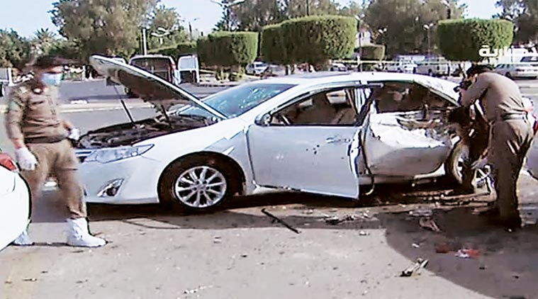 Saudi security forces investigate the scene of the explosion in Jeddah. (AP photo)