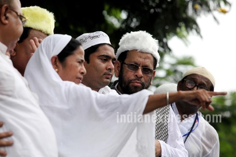 Chief Minister Mamata Banerjee and her nephew Abhishek Banerjee, TMC MP along with other muslin leaders at Red Road to attend Eid al-Fitr namaz on Thursday morning. Express photo by Subham Dutta. 07.07.16