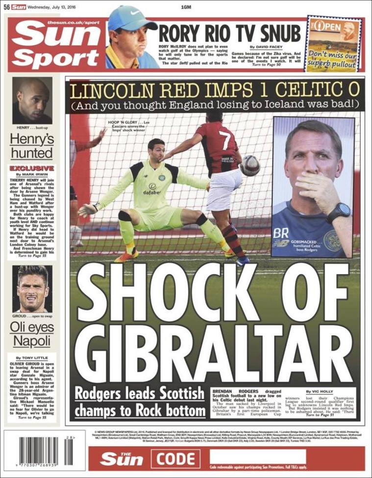 The Sun besides highlighting Celtic's misery, also claims Olivier Giroud to Napoli in a swap deal.