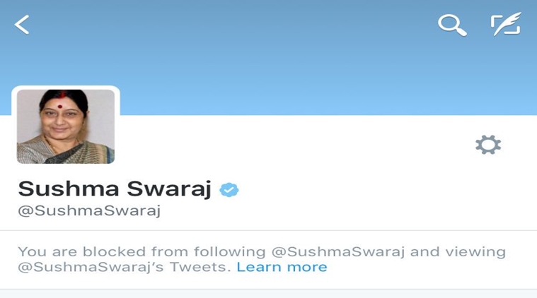 Sushma Swaraj has apparently blocked politicians' favourite Twitter account 